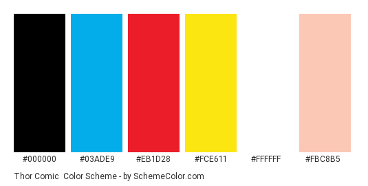 Thor Comic - Color scheme palette thumbnail - #000000 #03ade9 #eb1d28 #fce611 #ffffff #fbc8b5 