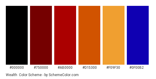 Wealth - Color scheme palette thumbnail - #000000 #750000 #AB0000 #D15300 #F09F30 #0F00B2 
