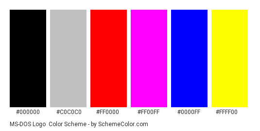 MS-DOS logo - Color scheme palette thumbnail - #000000 #C0C0C0 #FF0000 #FF00FF #0000FF #FFFF00 