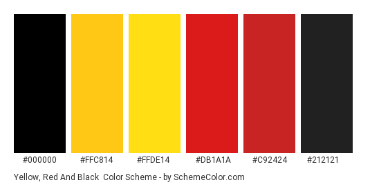 Yellow, Red and Black - Color scheme palette thumbnail - #000000 #FFC814 #FFDE14 #DB1A1A #C92424 #212121 