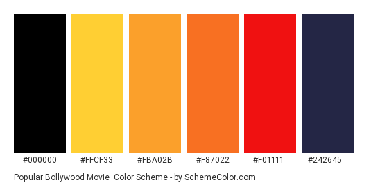 Popular Bollywood Movie - Color scheme palette thumbnail - #000000 #FFCF33 #FBA02B #F87022 #F01111 #242645 