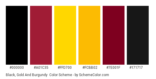 Black, Gold and Burgundy - Color scheme palette thumbnail - #000000 #a01c35 #ffd700 #fcbb02 #7e001f #171717 