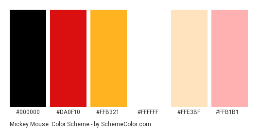 Mickey Mouse - Color scheme palette thumbnail - #000000 #da0f10 #ffb321 #ffffff #ffe3bf #ffb1b1 
