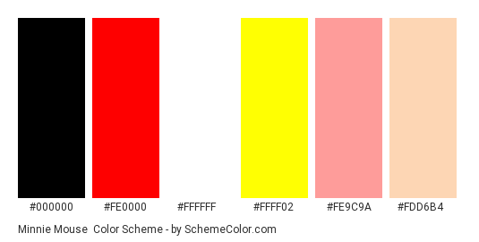Minnie Mouse - Color scheme palette thumbnail - #000000 #fe0000 #ffffff #ffff02 #fe9c9a #fdd6b4 