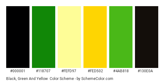 Black, Green and Yellow - Color scheme palette thumbnail - #000001 #118707 #fefd97 #fed502 #4ab818 #130e0a 