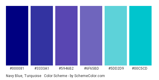 Navy Blue, Turquoise & Purple - Color scheme palette thumbnail - #000081 #3333A1 #5946B2 #6F65BD #5DD2D9 #00C5CD 