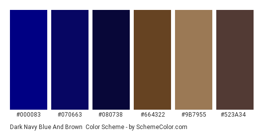 Dark Navy Blue and Brown - Color scheme palette thumbnail - #000083 #070663 #080738 #664322 #9b7955 #523a34 