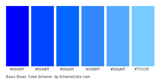 Basic Blues - Color scheme palette thumbnail - #0000ff #0044ff #0066ff #3388ff #55aaff #77ccff 
