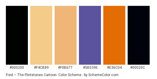 Fred – The Flintstones Cartoon - Color scheme palette thumbnail - #000200 #f4cb89 #f0b677 #5b539e #e36c04 #00020c 