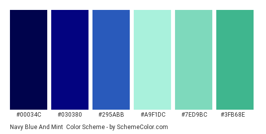 Navy Blue and Mint - Color scheme palette thumbnail - #00034c #030380 #295abb #a9f1dc #7ed9bc #3fb68e 