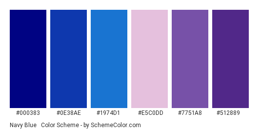 Navy Blue & Purple - Color scheme palette thumbnail - #000383 #0e38ae #1974d1 #e5c0dd #7751a8 #512889 