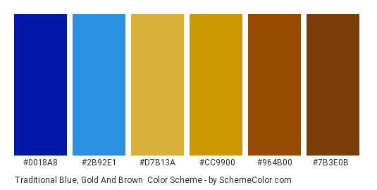 Traditional Blue, Gold and Brown - Color scheme palette thumbnail - #0018A8 #2b92e1 #d7b13a #CC9900 #964B00 #7B3E0B 
