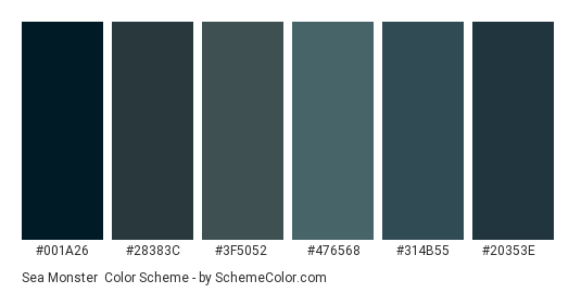 Sea Monster - Color scheme palette thumbnail - #001a26 #28383c #3f5052 #476568 #314b55 #20353e 