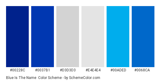 Blue Is The Name - Color scheme palette thumbnail - #00228c #0037b1 #d3d3d3 #e4e4e4 #00aded #0068ca 