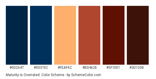 Maturity is Overrated - Color scheme palette thumbnail - #002647 #00315C #FEAF6C #B0462E #5F1001 #3D1208 