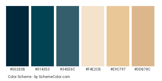 Leather and Guitar - Color scheme palette thumbnail - #00283b #014353 #345e6c #f4e2cb #e9c797 #ddb78c 