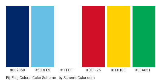 Fiji Flag Colors - Color scheme palette thumbnail - #002868 #68bfe5 #ffffff #ce1126 #ffd100 #00a651 