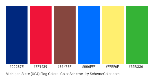 Michigan State (USA) Flag Colors - Color scheme palette thumbnail - #00287e #ef1439 #86473f #006fff #ffef6f #35b336 