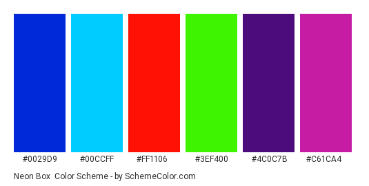 Neon Box - Color scheme palette thumbnail - #0029d9 #00ccff #ff1106 #3ef400 #4c0c7b #c61ca4 