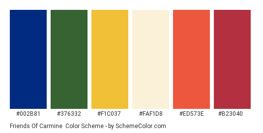 Friends of Carmine - Color scheme palette thumbnail - #002b81 #376332 #f1c037 #faf1d8 #ed573e #b23040 