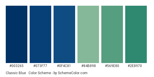 Classic Blue & Green - Color scheme palette thumbnail - #003265 #073f77 #0f4c81 #84b898 #569e80 #2e8970 