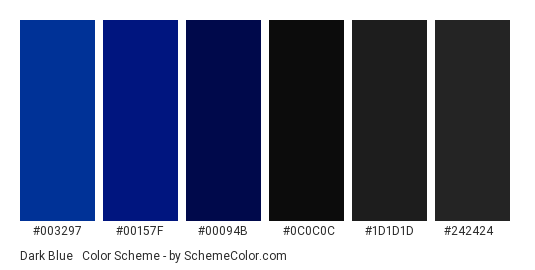 Dark Blue & Black - Color scheme palette thumbnail - #003297 #00157f #00094b #0c0c0c #1d1d1d #242424 