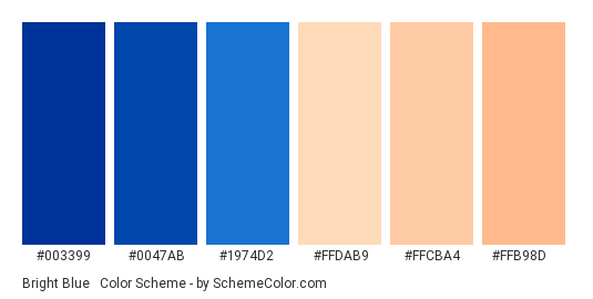 Bright Blue & Peach - Color scheme palette thumbnail - #003399 #0047AB #1974D2 #ffdab9 #ffcba4 #ffb98d 
