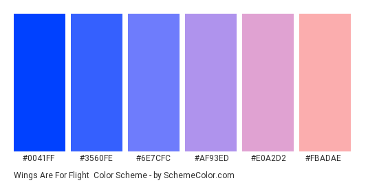Wings are for Flight - Color scheme palette thumbnail - #0041ff #3560fe #6e7cfc #af93ed #e0a2d2 #fbadae 