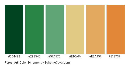 Forest Art - Color scheme palette thumbnail - #004422 #298545 #5fa575 #e1ca84 #e3a95f #e18737 