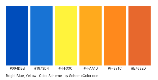 Bright Blue, Yellow & Orange - Color scheme palette thumbnail - #004dbb #1873d4 #fff33c #ffaa1d #ff891c #e7682d 