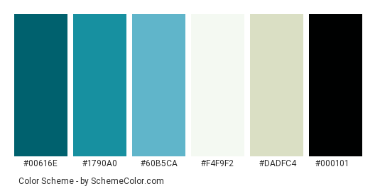 Light As A Feather - Color scheme palette thumbnail - #00616e #1790a0 #60b5ca #f4f9f2 #dadfc4 #000101 