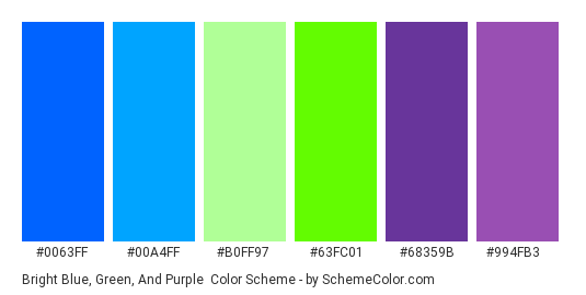 Bright Blue, Green, and Purple - Color scheme palette thumbnail - #0063ff #00a4ff #b0ff97 #63fc01 #68359b #994fb3 