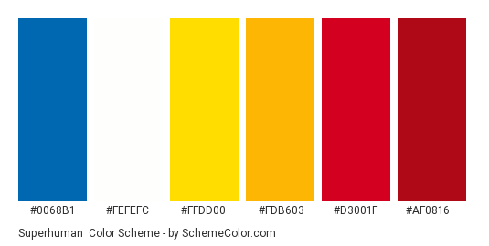 Superhuman - Color scheme palette thumbnail - #0068b1 #fefefc #ffdd00 #fdb603 #d3001f #AF0816 