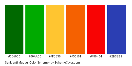 Sankranti Muggu - Color scheme palette thumbnail - #006900 #00AA00 #FFC530 #F56101 #F80404 #2B3EB3 