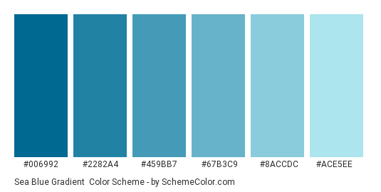 Sea Blue Gradient - Color scheme palette thumbnail - #006992 #2282A4 #459BB7 #67B3C9 #8ACCDC #ACE5EE 