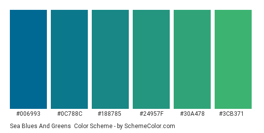 Sea Blues and Greens - Color scheme palette thumbnail - #006993 #0C788C #188785 #24957F #30A478 #3CB371 