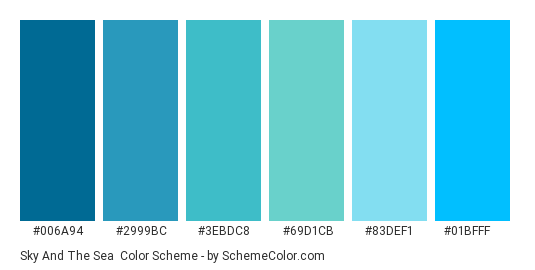 Sky and the Sea - Color scheme palette thumbnail - #006a94 #2999bc #3ebdc8 #69d1cb #83def1 #01bfff 