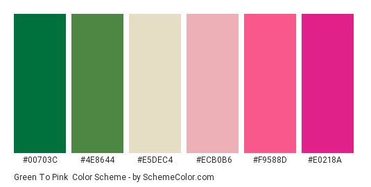 Green to Pink - Color scheme palette thumbnail - #00703c #4e8644 #e5dec4 #ecb0b6 #f9588d #e0218a 