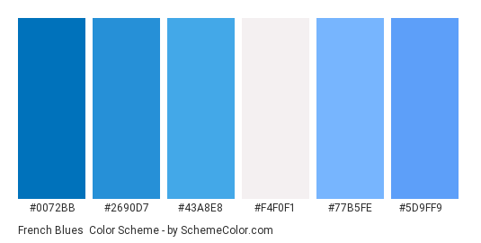 French Blues - Color scheme palette thumbnail - #0072bb #2690d7 #43a8e8 #f4f0f1 #77b5fe #5d9ff9 