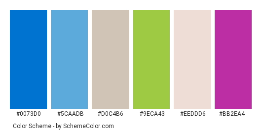 Boy on beach - Color scheme palette thumbnail - #0073d0 #5caadb #d0c4b6 #9eca43 #eeddd6 #bb2ea4 