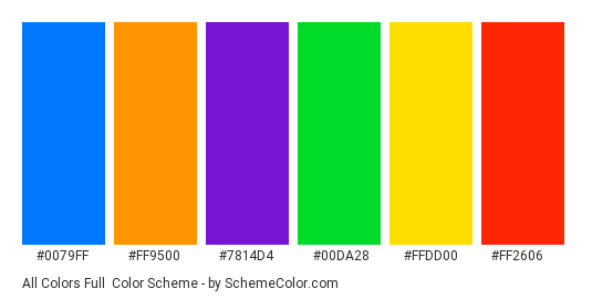 All Colors Full - Color scheme palette thumbnail - #0079ff #ff9500 #7814d4 #00da28 #ffdd00 #ff2606 