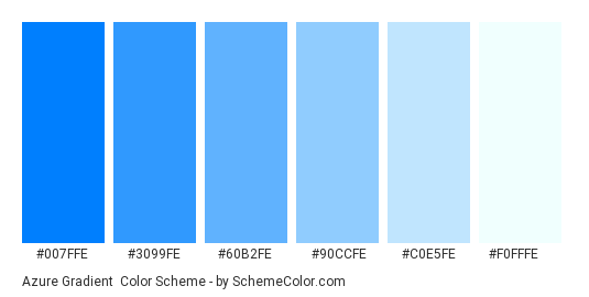 Azure Gradient - Color scheme palette thumbnail - #007FFE #3099FE #60B2FE #90CCFE #C0E5FE #F0FFFE 