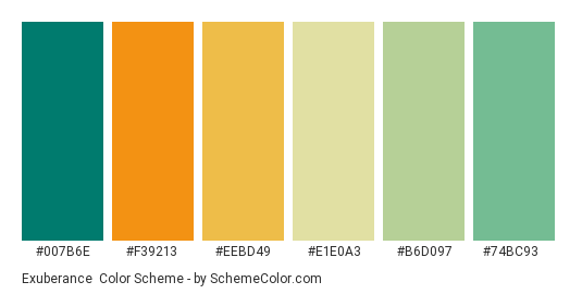 Exuberance - Color scheme palette thumbnail - #007b6e #f39213 #eebd49 #e1e0a3 #b6d097 #74bc93 