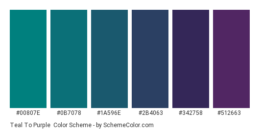 Teal to Purple - Color scheme palette thumbnail - #00807E #0B7078 #1A596E #2B4063 #342758 #512663 