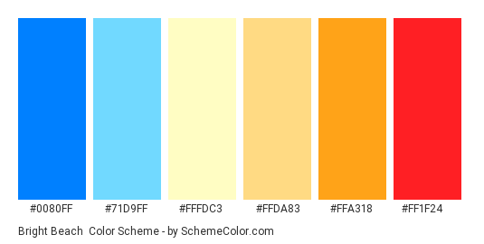 Bright Beach - Color scheme palette thumbnail - #0080FF #71D9FF #FFFDC3 #FFDA83 #FFA318 #FF1F24 