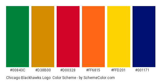 Chicago Blackhawks Logo - Color scheme palette thumbnail - #00843c #d38b00 #d00328 #ff6815 #ffd201 #001171 