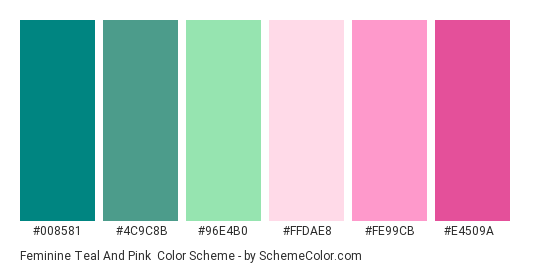 Feminine Teal and Pink - Color scheme palette thumbnail - #008581 #4c9c8b #96e4b0 #ffdae8 #fe99cb #e4509a 