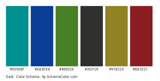 Dark & Vibrant - Color scheme palette thumbnail - #00908f #0a3e94 #488026 #30312f #918224 #8a1d21 