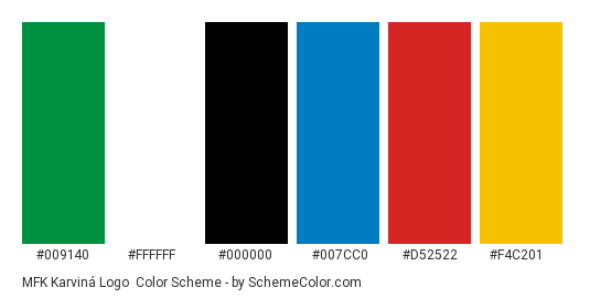 MFK Karviná Logo - Color scheme palette thumbnail - #009140 #ffffff #000000 #007cc0 #d52522 #f4c201 