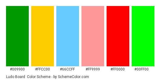 Ludo Board - Color scheme palette thumbnail - #009900 #FFCC00 #66CCFF #FF9999 #FF0000 #00FF00 
